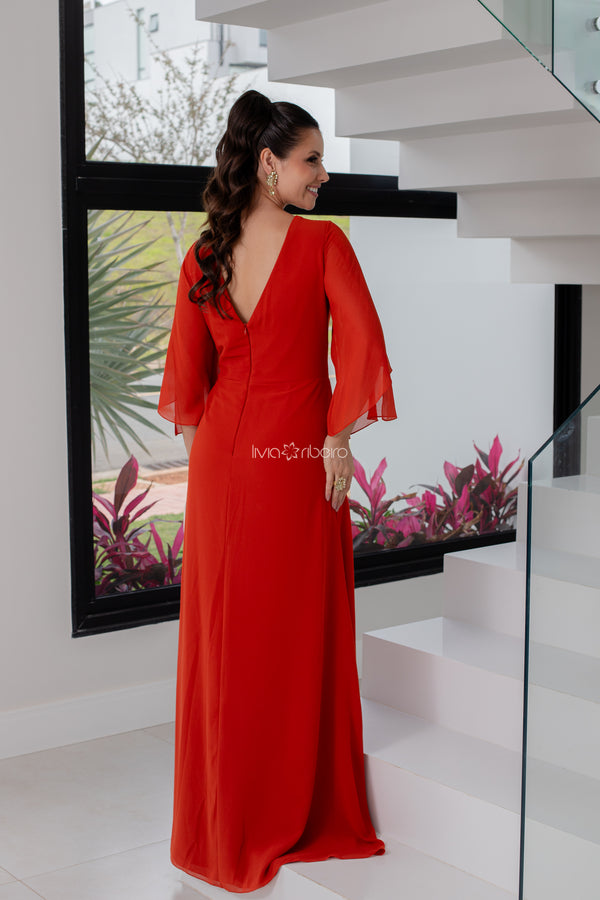 VESTIDO EM CREPE DE SEDA MANGA FLARE CURTA