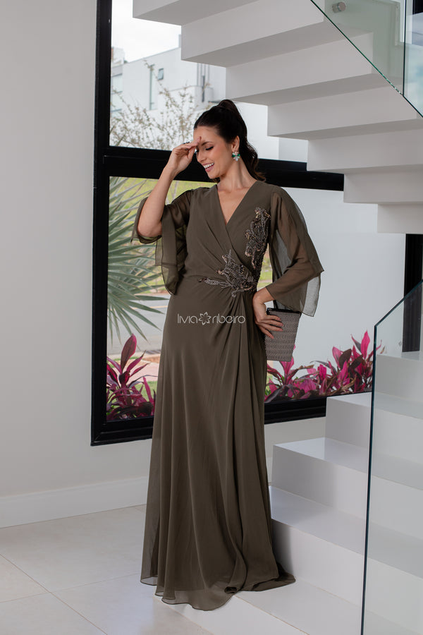 VESTIDO EM CREPE DE SEDA MANGA FLARE CURTA