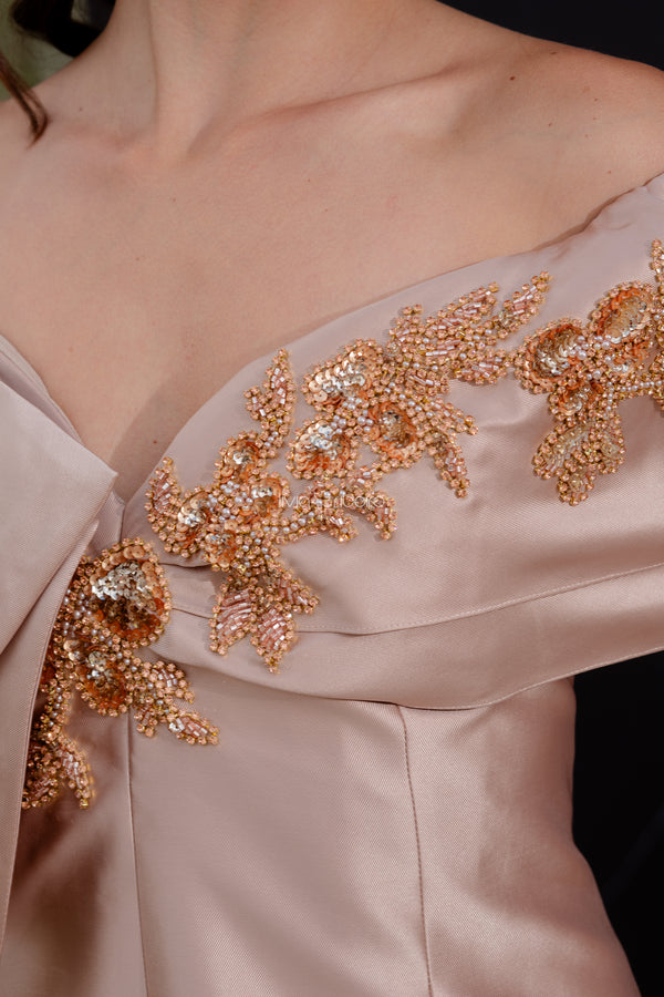 Vestido sereia zibeline decote ombro a ombro com laço