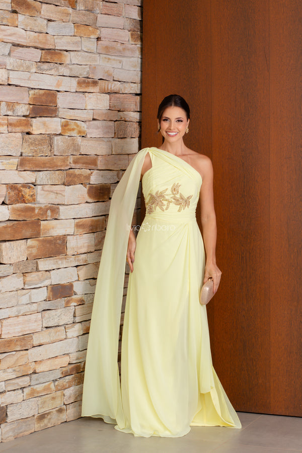 Vestido um ombro busto drapeado e bordado | Lívia Ribeiro