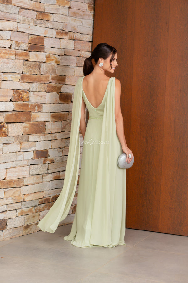 Vestido em crepe de seda decote V e bordado na cintura | Lívia Ribeiro