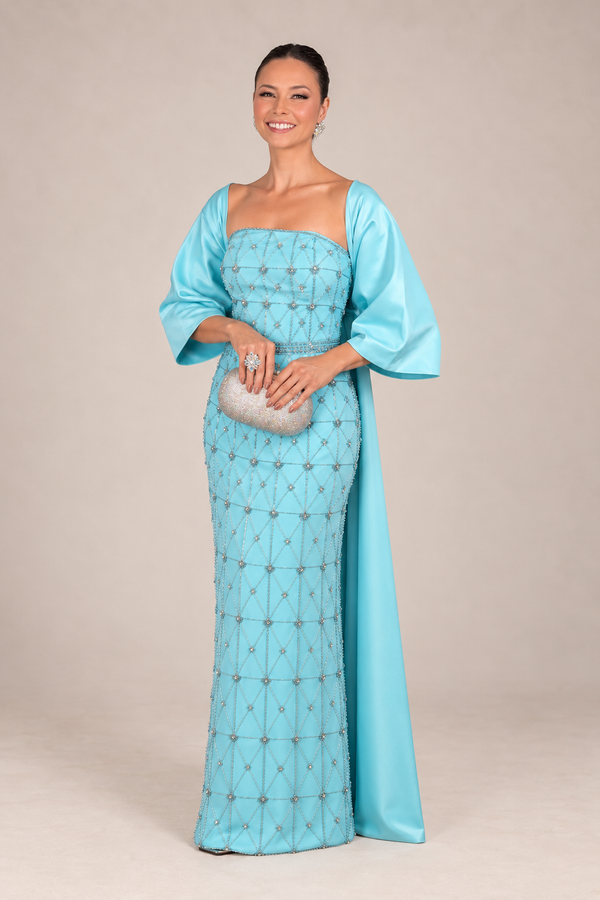 Vestido Longo Azul Tiffany Bordado em Pedrarias com Capa Laço
