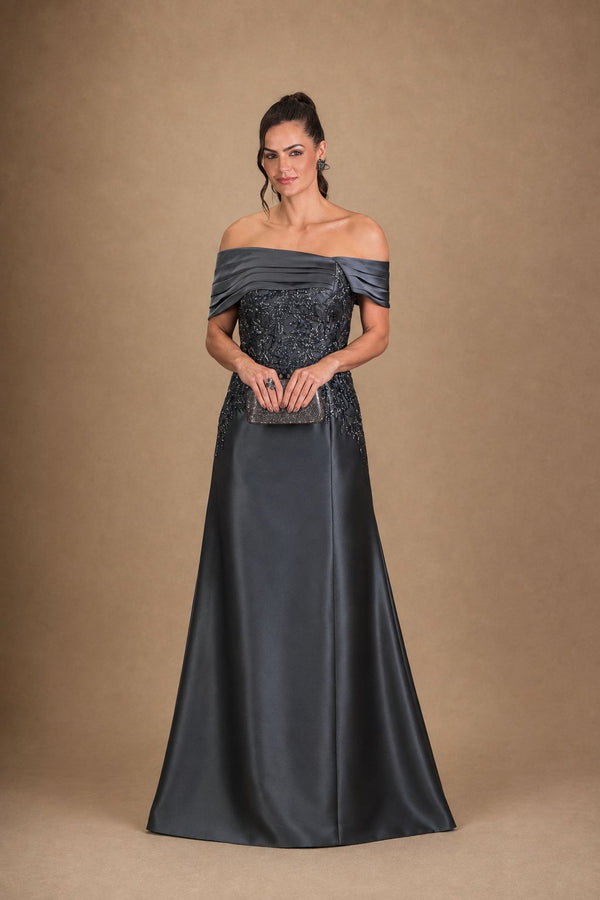 Vestido cinza-chumbo em zibeline ombro a ombro com corpete bordado, visto de frente