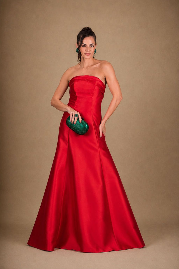 Vestido vermelho longo em zibeline tomara que caia sem capa – vista frontal