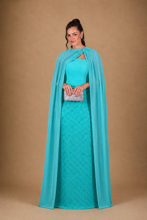 Vestido azul Tiffany longo em zibeline com capa e saia bordada – vista frontal