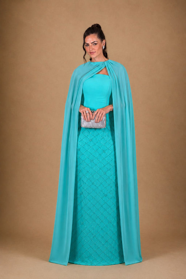 Vestido azul Tiffany longo em zibeline com capa e saia bordada – vista frontal
