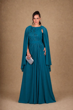 Vestido azul petróleo longo com manga capa e corpete bordado – vista frontal