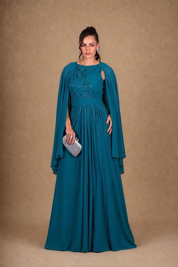 Vestido azul petróleo longo com manga capa e corpete bordado – vista frontal