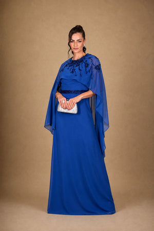 Vestido azul royal longo com capa e decote drapeado – vista frontal