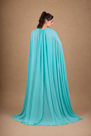 Vestido azul Tiffany com capa longa fluida – vista posterior
