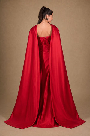 Vestido vermelho em zibeline com corpete de amarração e capa longa – vista posterior