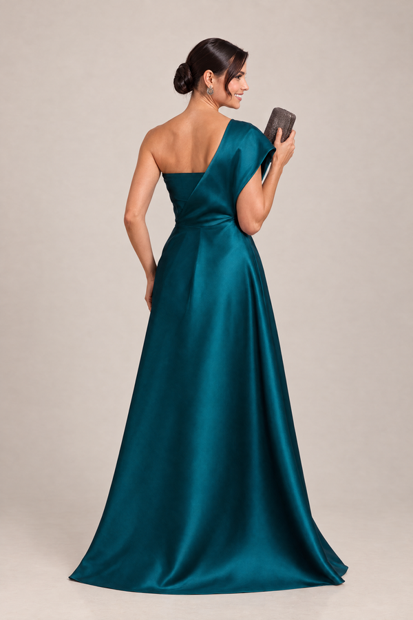 Vestido Longo Verde Petróleo em Zibeline de Um Ombro com Bordado