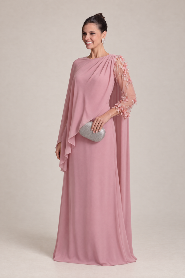 Vestido Longo Rosé com Capa e Manga 7/8 em Tule Bordado