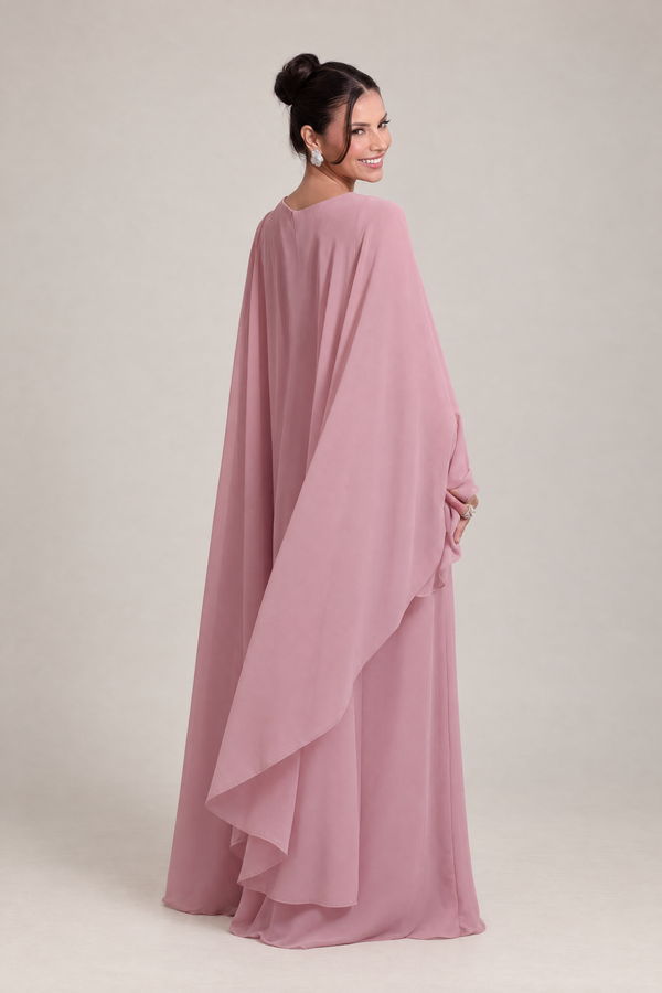 Vestido Longo Rosé com Capa e Manga 7/8 em Tule Bordado