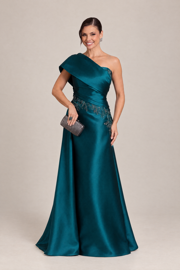 Vestido Longo Verde Petróleo em Zibeline de Um Ombro com Bordado