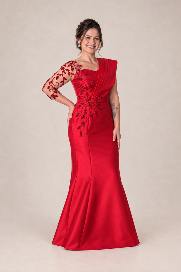 Vestido Vermelho Sereia em Zibeline com Manga em Tule Bordado
