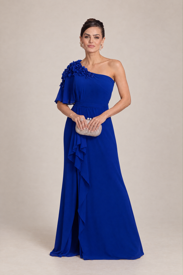 Vestido Longo Azul Royal de Um Ombro com Flores e Babado Lateral