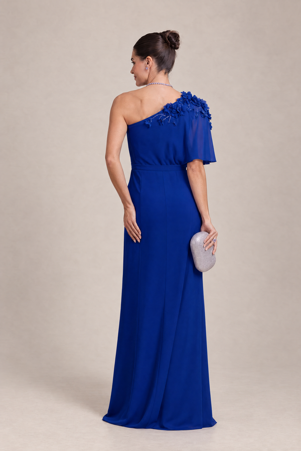 Vestido Longo Azul Royal de Um Ombro com Flores e Babado Lateral