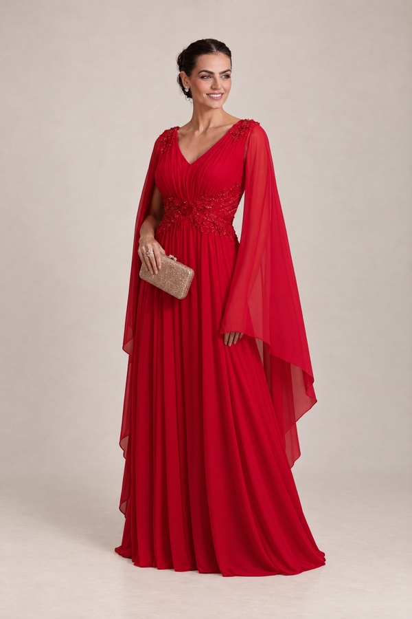 Vestido Longo Vermelho com Capa e Bordado
